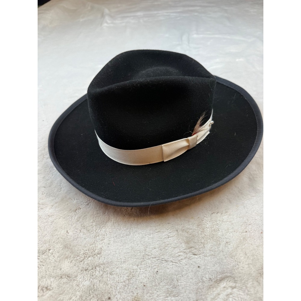 Broner Mens Black 100% Wool Felt Fedora Hat Wide Brim Cream Ribbon USA Made Med